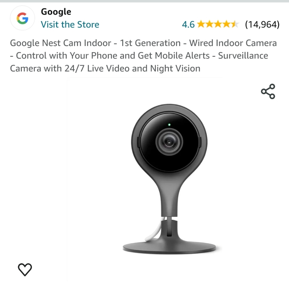 Google Nest Cam Indoor - 1st Generation - Wired Indoor Camera